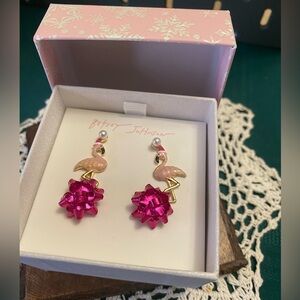 Betsey Johnson Christmas Flamingo Earrings Set with Bright Pink Bows 2 Pair Post